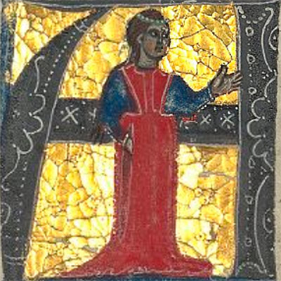 Na Castelloza, miniatura del cançoner K (s. XIII), actualment a la BNF siglat com fr. 12473, f. 110v.
