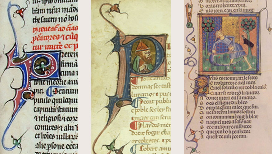 Comparativa entre (d'esquerra a dreta) les miniatures dels Usatges de Lleida (ms. 28 de la Catedral de Lleida), de Sg i del Breviari d'amor de Sant Petersburg (Biblioteca Nacional de Rússia, ms. prov. F. XIV. 1)